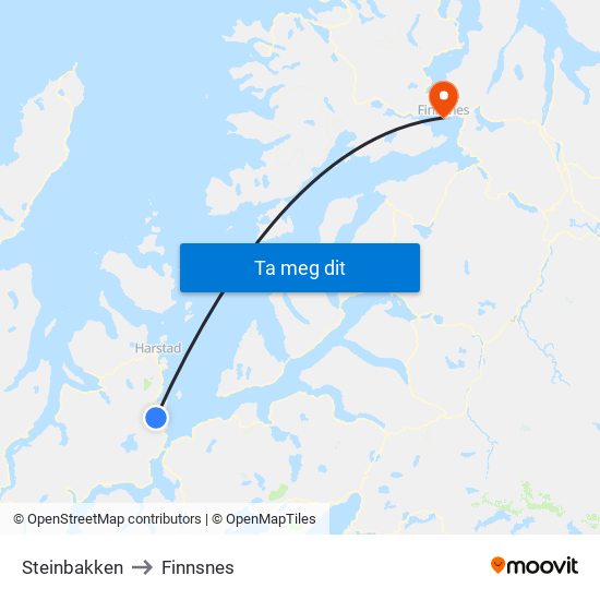 Steinbakken to Finnsnes map