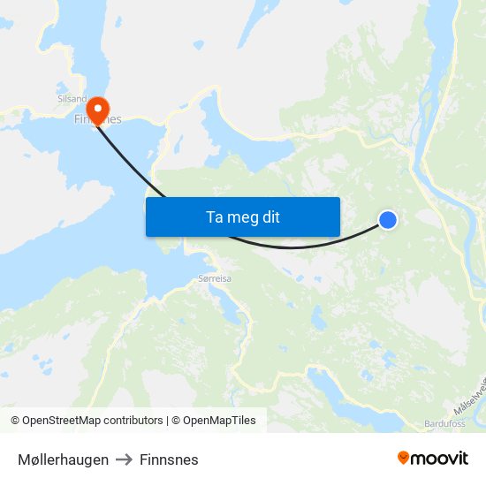 Møllerhaugen to Finnsnes map
