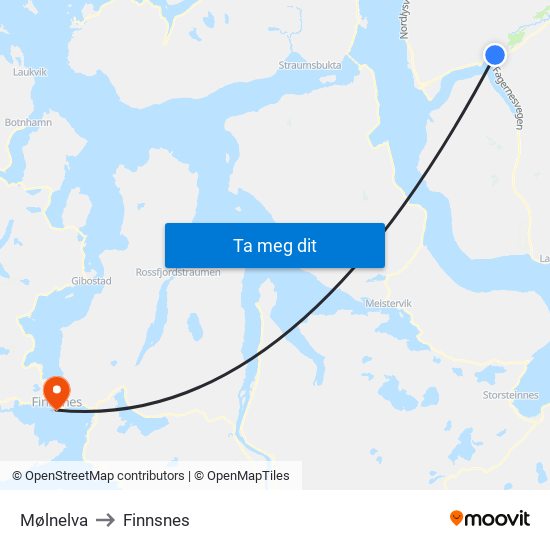 Mølnelva to Finnsnes map