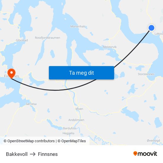 Bakkevoll to Finnsnes map