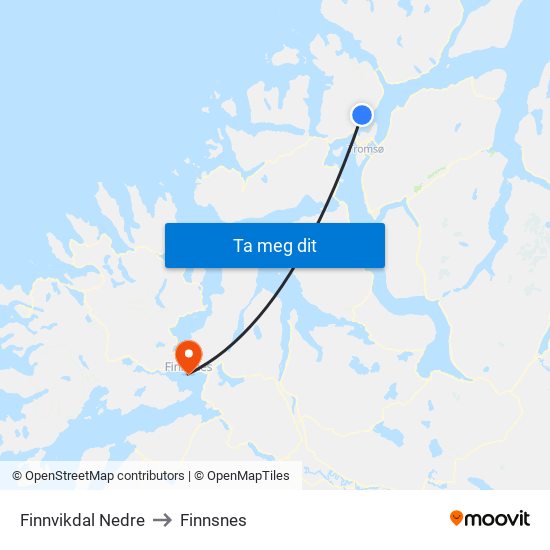 Finnvikdal Nedre to Finnsnes map