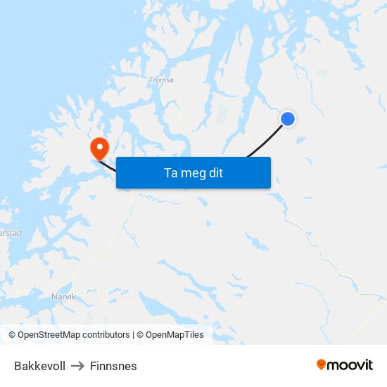 Bakkevoll to Finnsnes map