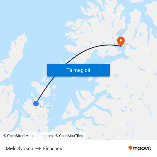 Mølnelvosen to Finnsnes map