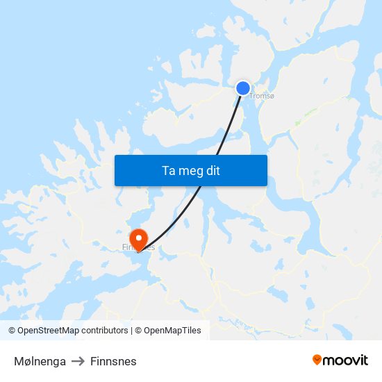 Mølnenga to Finnsnes map
