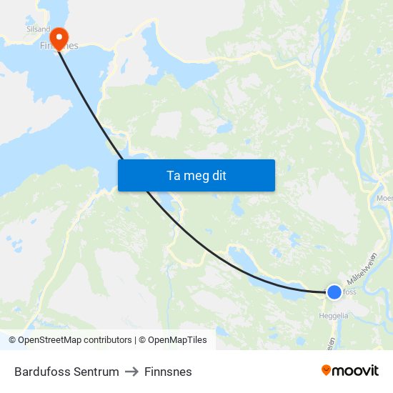 Bardufoss Sentrum to Finnsnes map