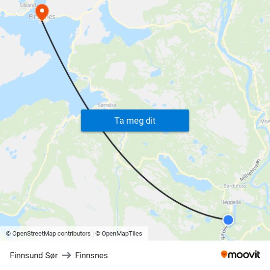 Finnsund Sør to Finnsnes map