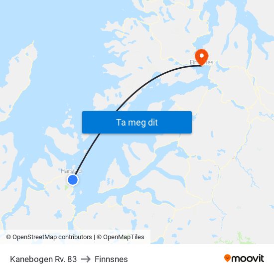 Kanebogen Rv. 83 to Finnsnes map