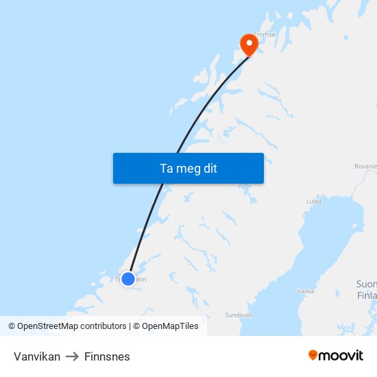 Vanvikan to Finnsnes map