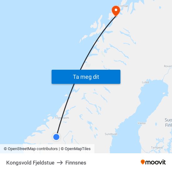 Kongsvold Fjeldstue to Finnsnes map