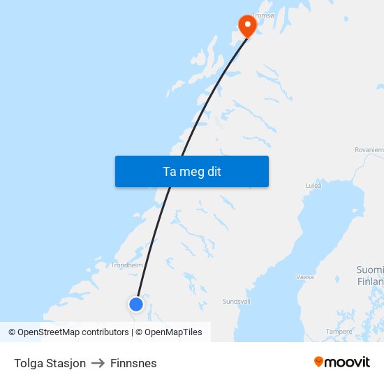 Tolga Stasjon to Finnsnes map