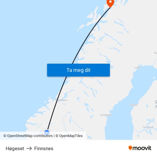 Høgeset to Finnsnes map