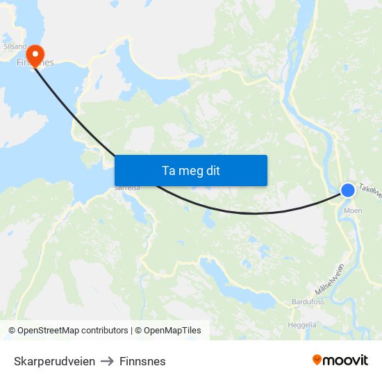 Skarperudveien to Finnsnes map