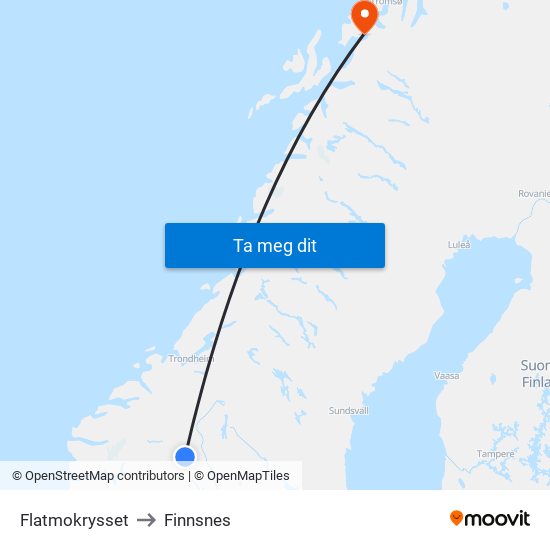 Flatmokrysset to Finnsnes map
