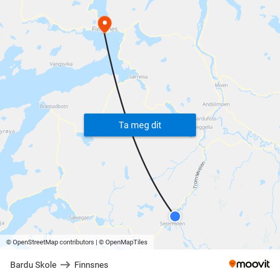 Bardu Skole to Finnsnes map