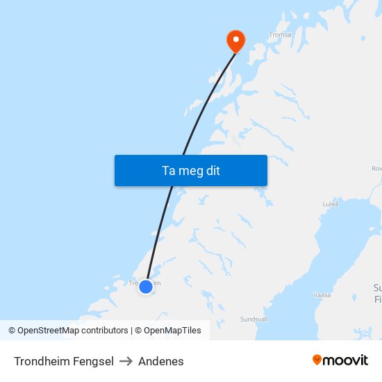 Trondheim Fengsel to Andenes map