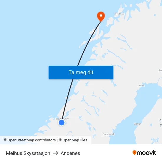Melhus Skysstasjon to Andenes map