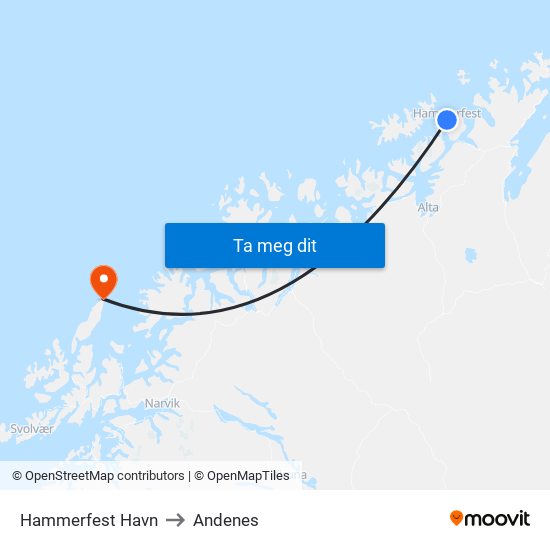 Hammerfest Havn to Andenes map
