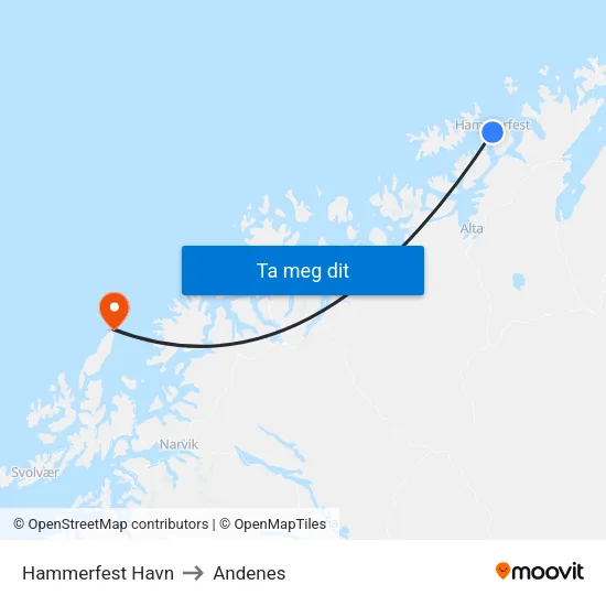 Hammerfest Havn to Andenes map