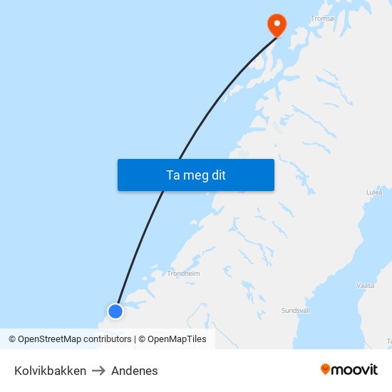 Kolvikbakken to Andenes map