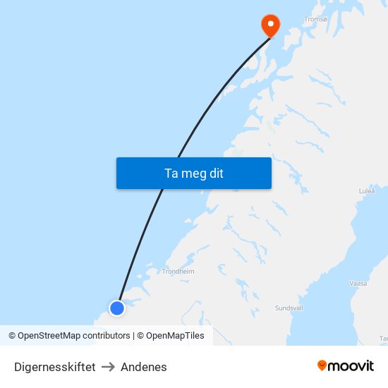 Digernesskiftet to Andenes map