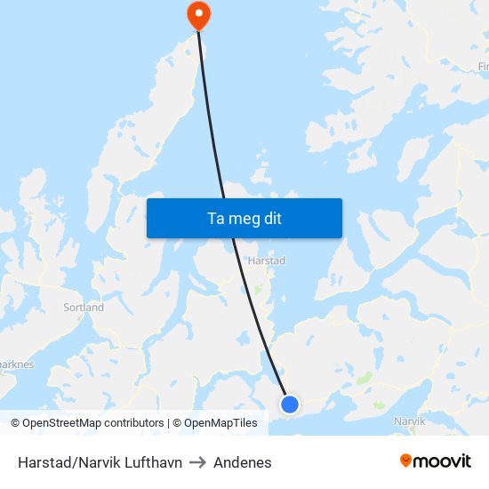 Harstad/Narvik Lufthavn to Andenes map