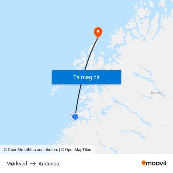 Mørkved to Andenes map