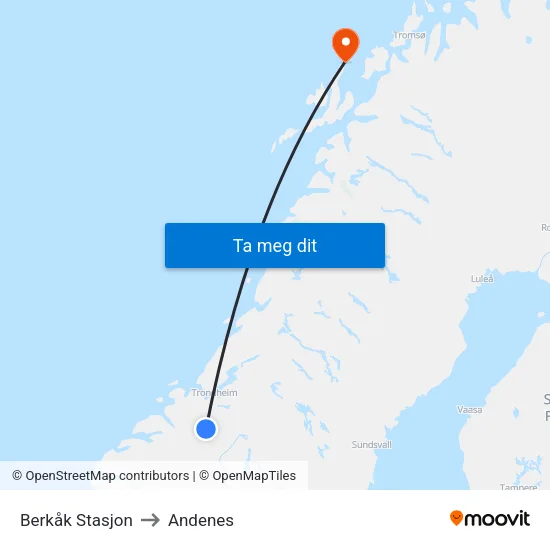 Berkåk Stasjon to Andenes map