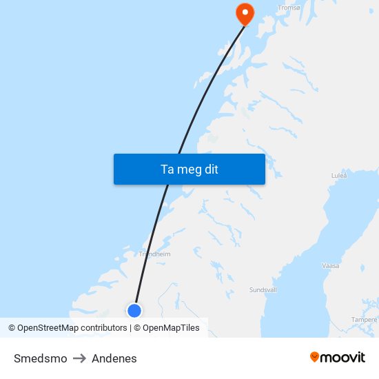Smedsmo to Andenes map