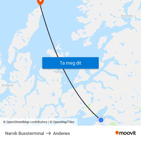 Narvik Bussterminal to Andenes map