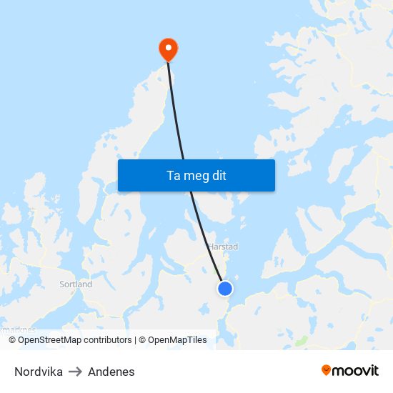 Nordvika to Andenes map