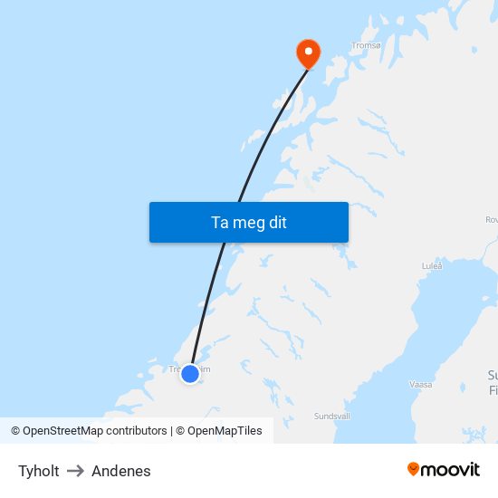 Tyholt to Andenes map