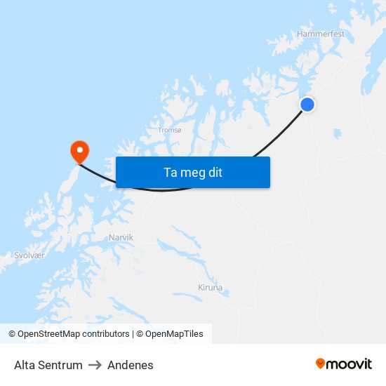 Alta Sentrum to Andenes map