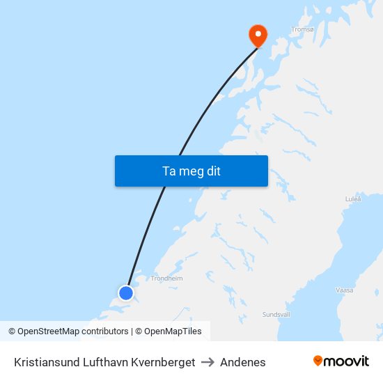 Kristiansund Lufthavn Kvernberget to Andenes map