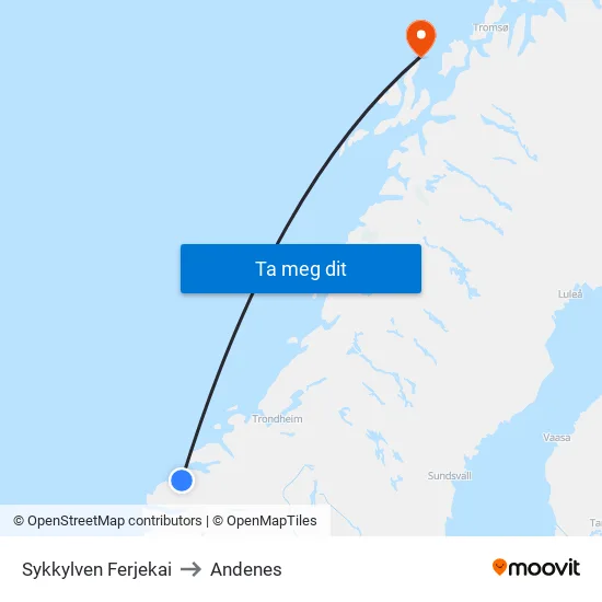 Sykkylven Ferjekai to Andenes map