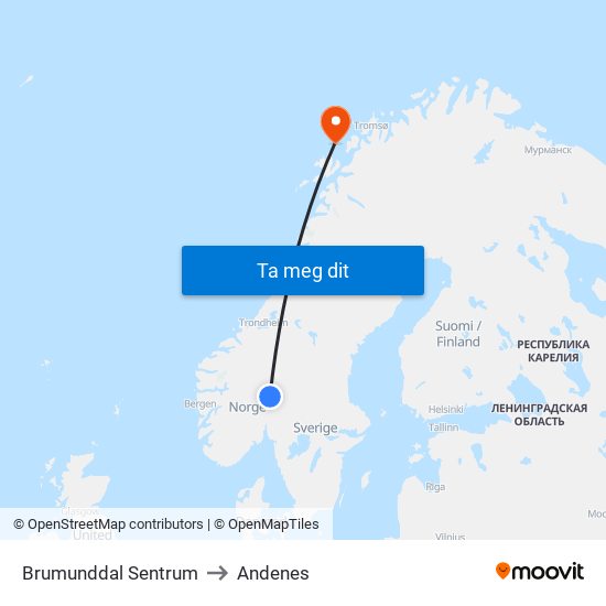 Brumunddal Sentrum to Andenes map