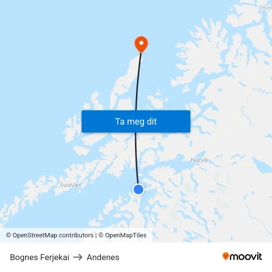Bognes Ferjekai to Andenes map