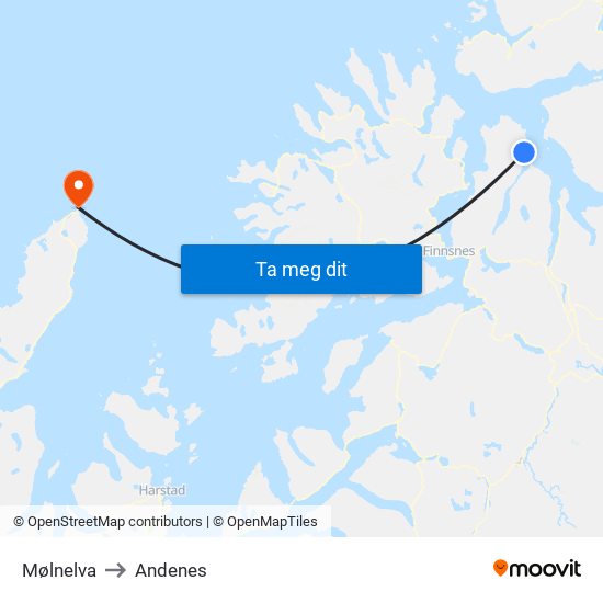 Mølnelva to Andenes map