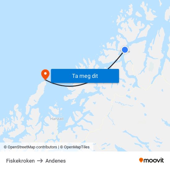 Fiskekroken to Andenes map