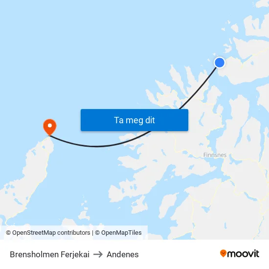 Brensholmen Ferjekai to Andenes map