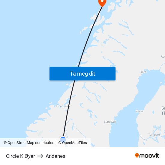 Circle K Øyer to Andenes map