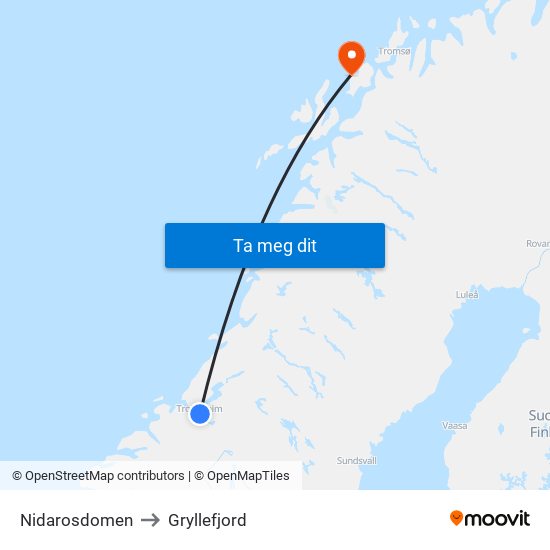 Nidarosdomen to Gryllefjord map