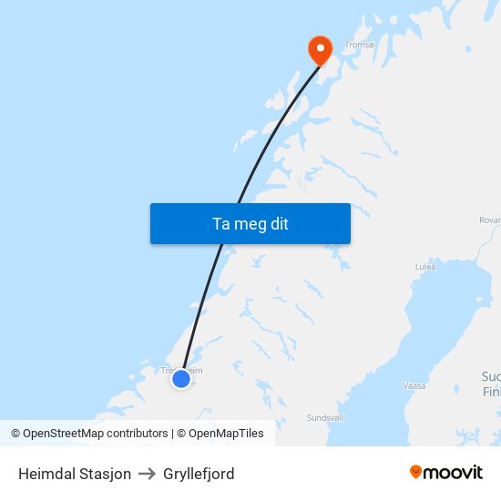 Heimdal Stasjon to Gryllefjord map