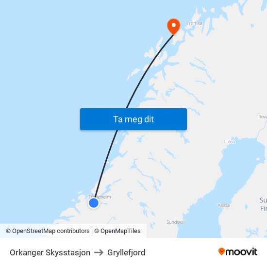 Orkanger Skysstasjon to Gryllefjord map