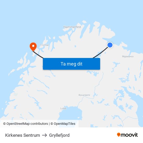 Kirkenes Sentrum to Gryllefjord map