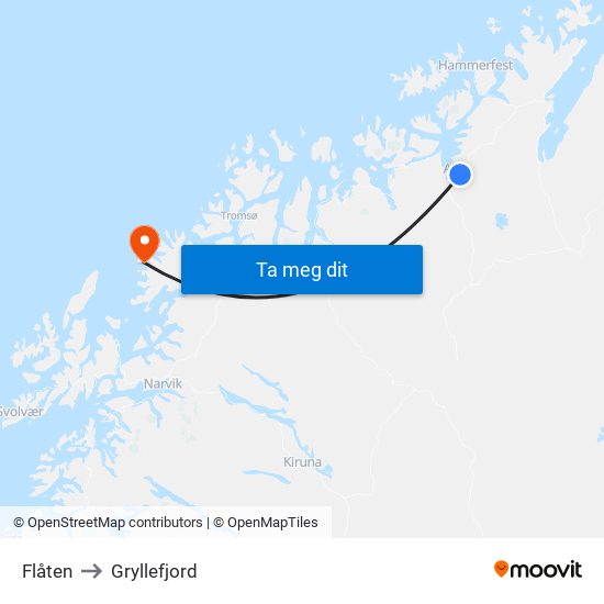 Flåten to Gryllefjord map