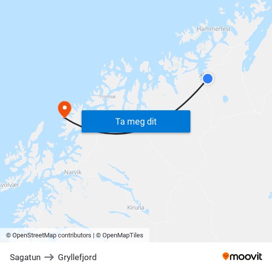 Sagatun to Gryllefjord map