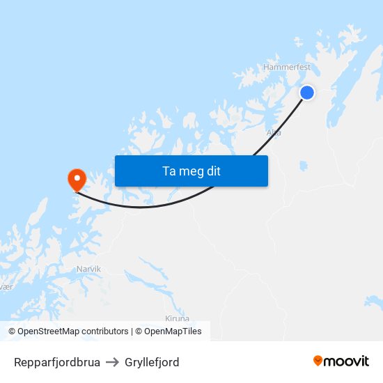 Repparfjordbrua to Gryllefjord map