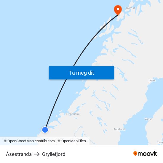 Åsestranda to Gryllefjord map