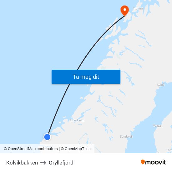 Kolvikbakken to Gryllefjord map