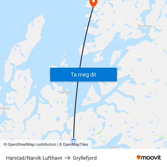Harstad/Narvik Lufthavn to Gryllefjord map